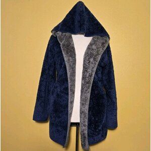 Safus Outerwear Blanket Hoodie Blue Gray Small Medium Thick Fleece Pockets EUC